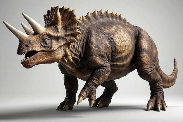 Dinosauro triceratops corpo pieno su sfondo bianco luce morbida iper dettagliata fotorealistica cultra realistica