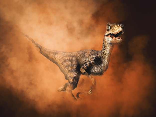 Dinosauro Velociraptor su sfondo di fumo