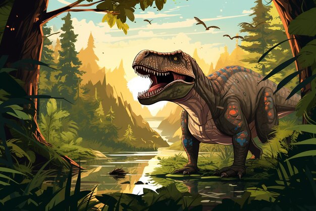 Dinosauro vettoriale in una scena forestale preistorica