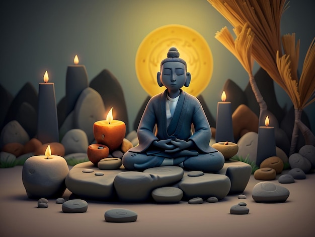 Dio Buddha seduto nella sua posizione spirituale pensando per la pace del mondo