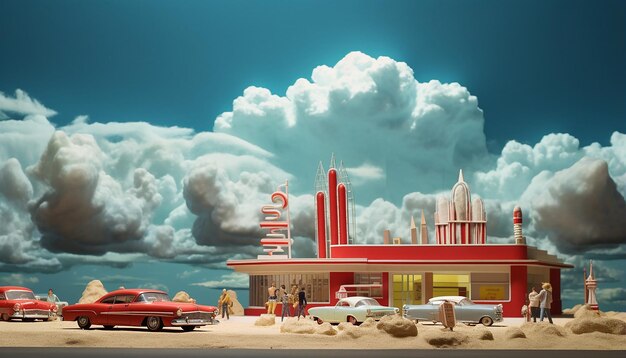 Diorama Americana degli anni '50 da vicino sul retrofuturismo dettagliato