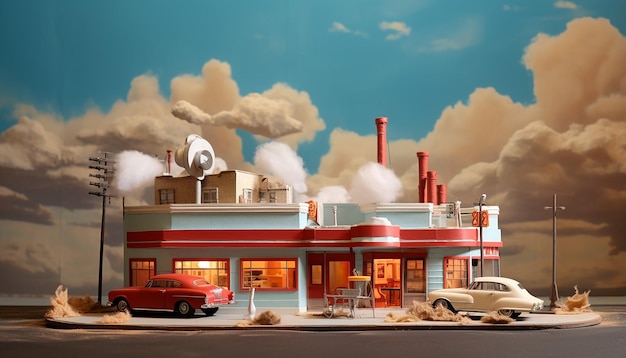 Diorama Americana degli anni '50 da vicino sul retrofuturismo dettagliato