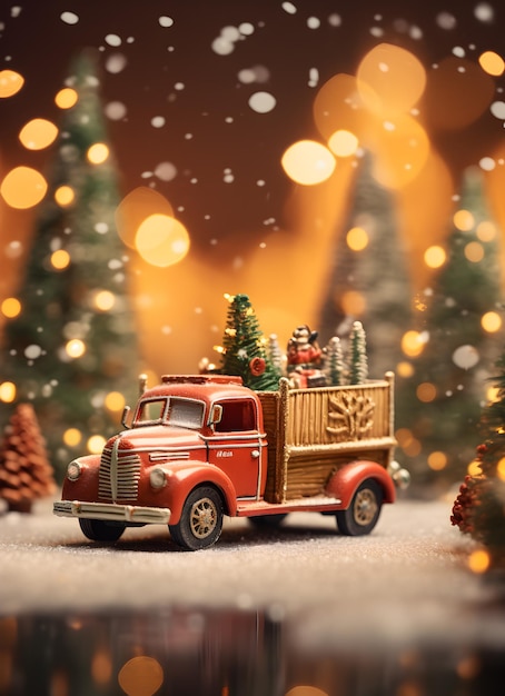 Diorama di camion vintage rosso che trasporta alberi di Natale