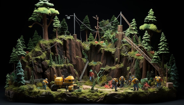 diorama di manutenzione forestale copertina di una rivista plastilina sfondo scuro