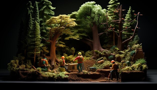 diorama di manutenzione forestale copertina di una rivista plastilina sfondo scuro