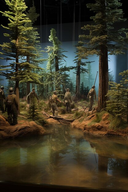 diorama di un museo fotorealistico di un esploratore americano del 1800 con alberi finti e acqua finta