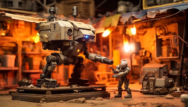 Diorama di una zona di guerra robotica del 2049. Miniatura di guerra digitale