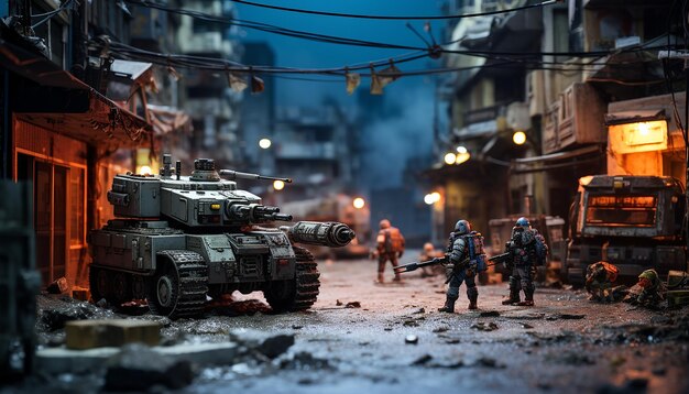 Diorama di una zona di guerra robotica del 2049. Miniatura di guerra digitale