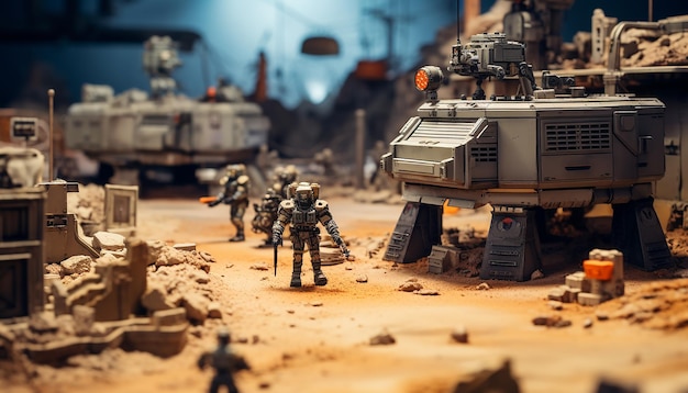 Diorama di una zona di guerra robotica del 2049. Miniatura di guerra digitale