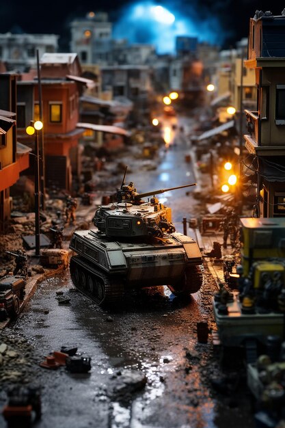 Diorama di una zona di guerra robotica del 2049 Miniatura di guerra digitale