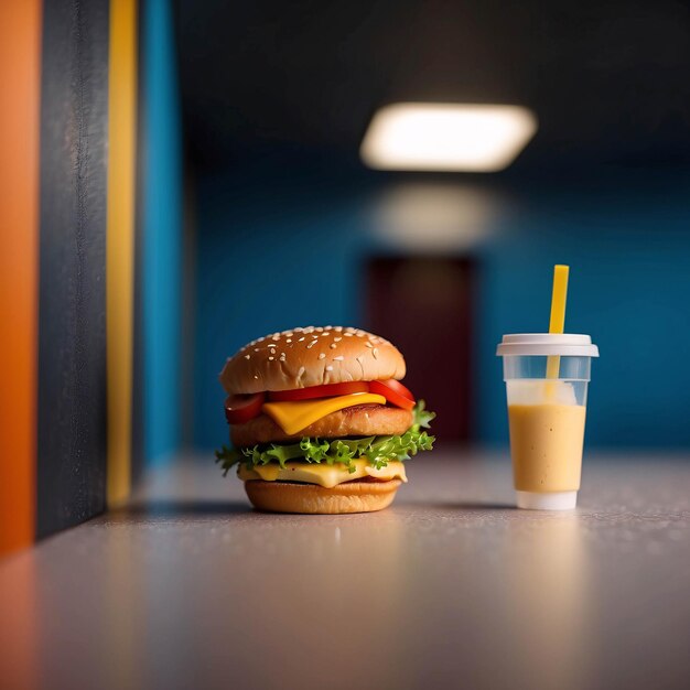 Diorama Fast Food Store Uomo che mangia hamburger patatine fritte Ristorante interno Microfotografia in miniatura