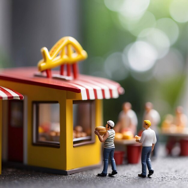 Diorama Fast Food Store Uomo che mangia hamburger patatine fritte Ristorante interno Microfotografia in miniatura