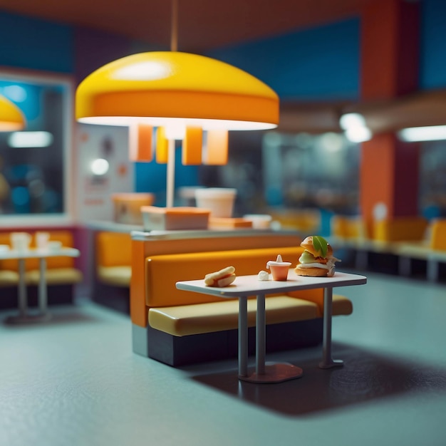 Diorama Fast Food Store Uomo che mangia hamburger patatine fritte Ristorante interno Microfotografia in miniatura