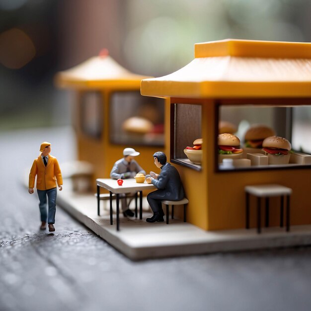 Diorama Fast Food Store Uomo che mangia hamburger patatine fritte Ristorante interno Microfotografia in miniatura