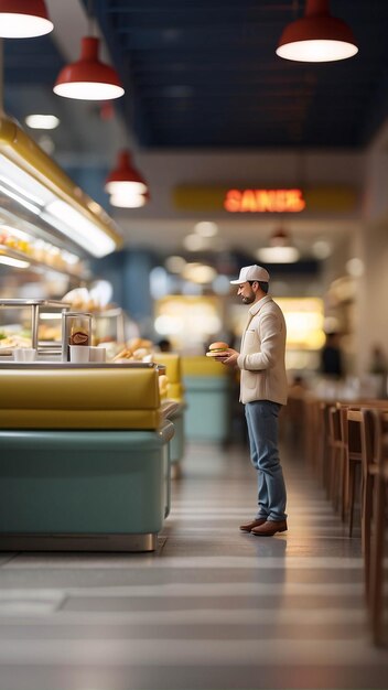 Diorama Fast Food Store Uomo che mangia hamburger patatine fritte Ristorante interno Microfotografia in miniatura