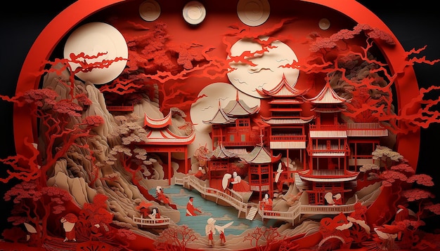 Diorama in carta stratificato per il Capodanno cinese generato dall'intelligenza artificiale