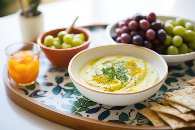 Dip di fagioli di fava in una ciotola con un lato di olive