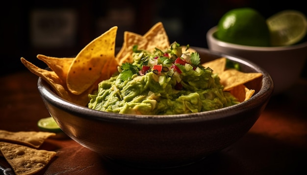 Dip di guacamole fresco con patatine di tortilla croccanti generate dall'AI