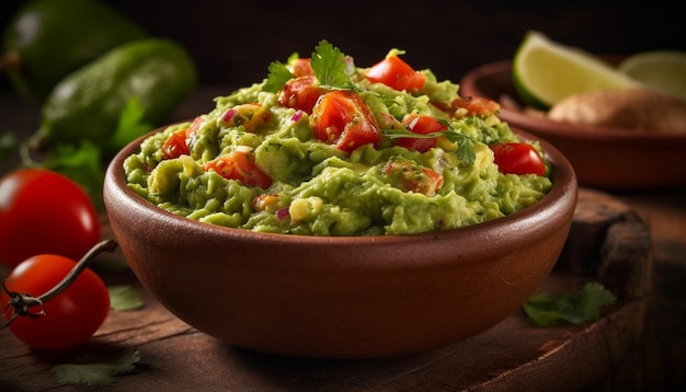 Dip di guacamole fresco con verdure e spezie biologiche generate dall'AI