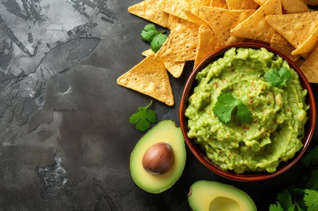 Dip guacamole di avocado in primo piano con tortilla chips nachos