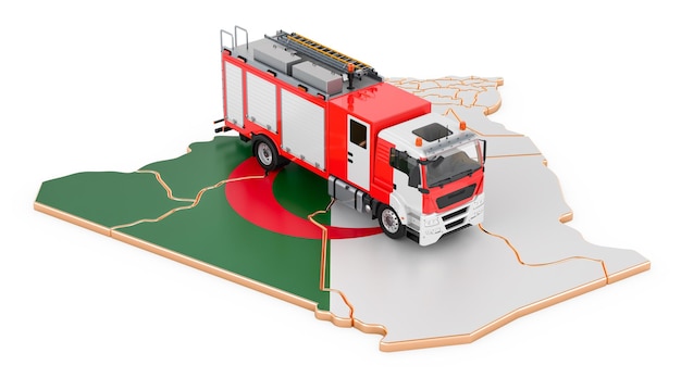 Dipartimento dei vigili del fuoco in Algeria Camion motore di fuoco sulla mappa algerina rendering 3D
