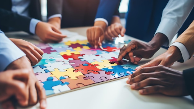 Dipendenti dell'azienda che giocano e uniscono i pezzi del puzzle durante l'attività di team building immagine del lavoro di squadra