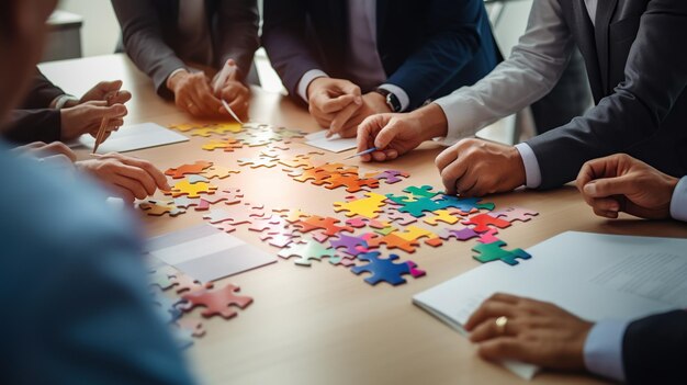 Dipendenti dell'azienda che giocano e uniscono i pezzi del puzzle durante l'attività di team building immagine del lavoro di squadra