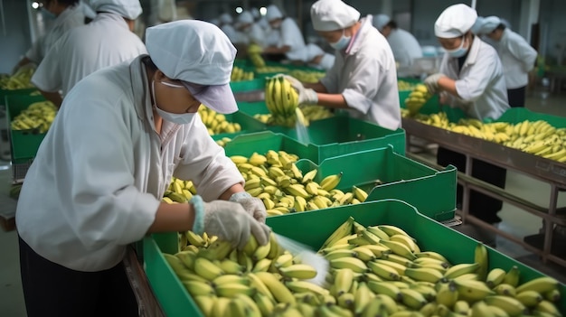 Dipendenti lavoratori che selezionano le banane controllano la loro condizione e le dividono in diverse scatole Distribuzione di cibo in magazzino Controllo di qualità