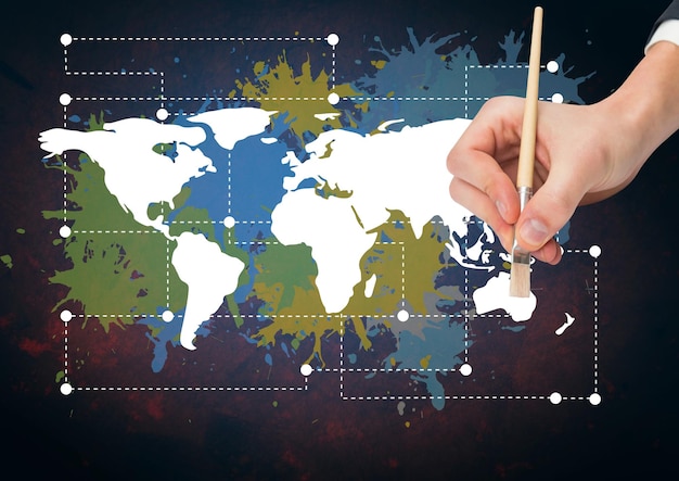 Dipingere a mano una mappa colorata con schizzi di vernice sullo sfondo della parete