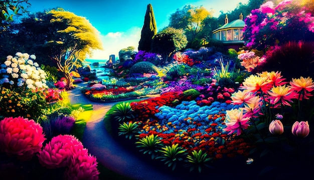 Dipingere un giardino con un sacco di fiori Fantasy Generative AI