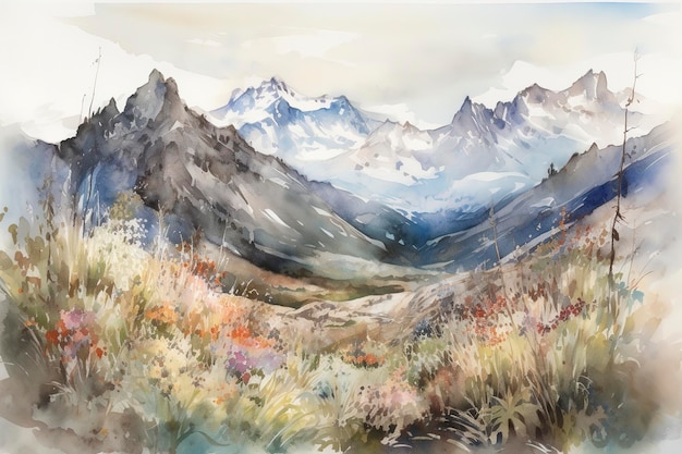 Dipingi un paesaggio ad acquerello di una scena invernale con una foresta o montagne innevate e intricati dettagli di fiocchi di neve ghiacciati e ruscelli ghiacciati generano ai