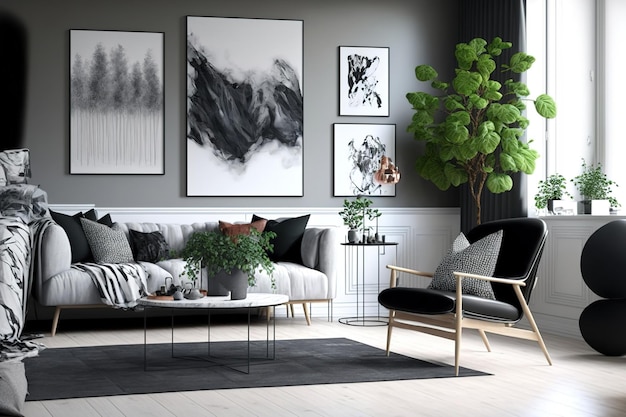 Dipinti moderni decorano una pianta un divano grigio una poltrona uno sgabello in marmo un tavolino da caffè nero ed eleganti accessori personali sono inclusi in questo elegante interno della casa scandinava del