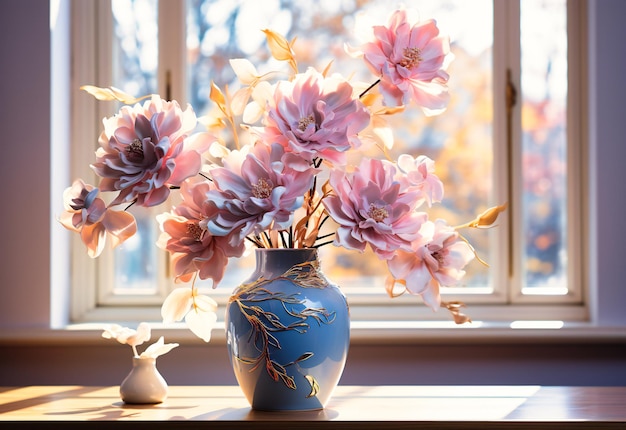 Dipinti rosa dipinti di fiori in un vaso blu