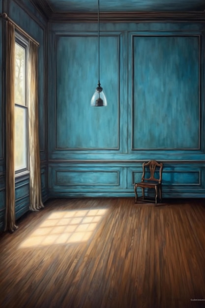 Dipinto a olio di una stanza vuota rivestita di pannelli di quercia con un'unica lampadina blu AI generativa