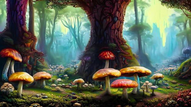 dipinto a olio Terra fantasy surreale con una grande foresta piena di funghi di tutte le dimensioni