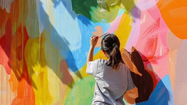 Dipinto a parete colorato da un adolescente per un progetto scolastico