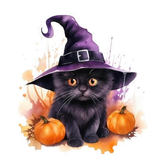 Dipinto acquerello di Halloween di un simpatico gatto nero con cappello viola e zucche Concetto di vacanza