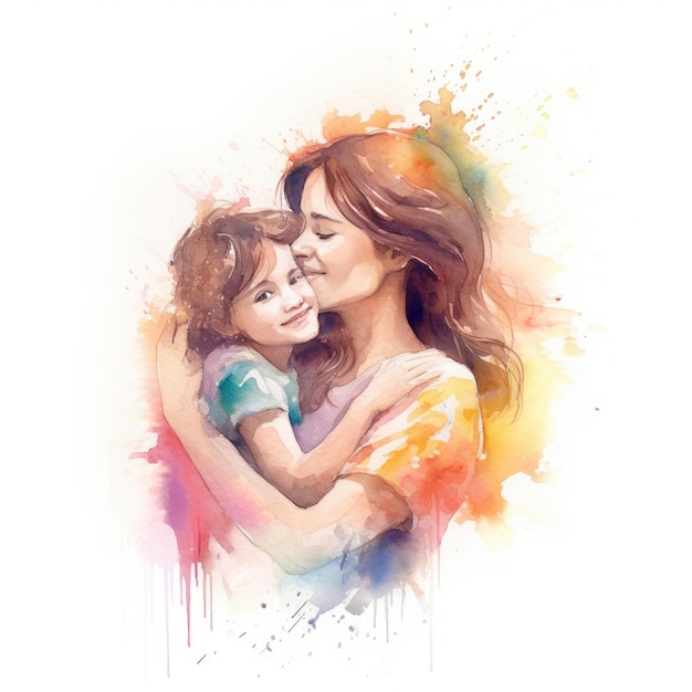 Dipinto ad acquerello colorato di una madre con il suo bambino