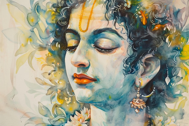 dipinto ad acquerello del volto di Shri Krishna