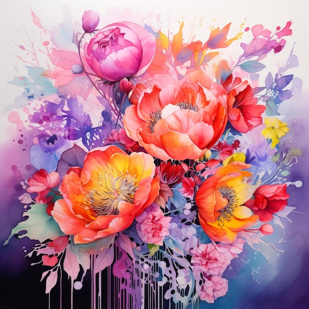 dipinto ad acquerello di un bouquet di fiori colorati