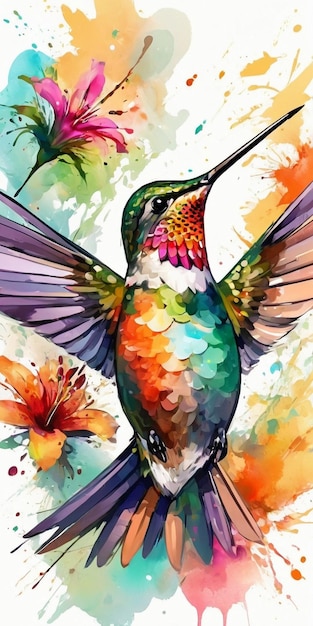 Dipinto ad acquerello di un colibrì con fiori sullo sfondo