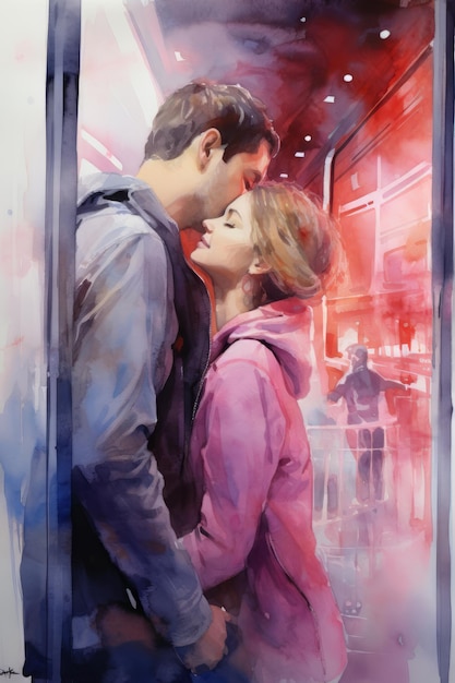 Dipinto ad acquerello di un dipinto di due persone che si baciano da un treno rosso