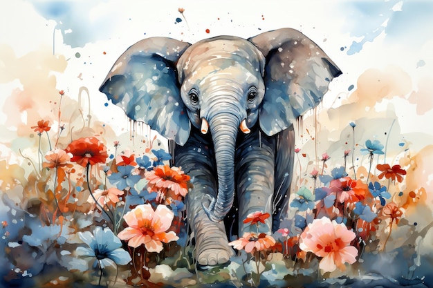 Dipinto ad acquerello di un elefante in un prato pieno di fiori Decorazione della stanza dei bambini