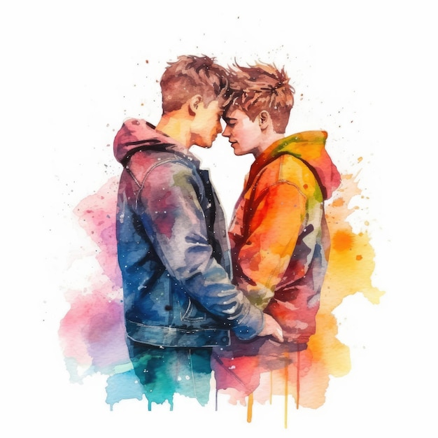 Dipinto ad acquerello di una coppia LGBT di diciotto anni