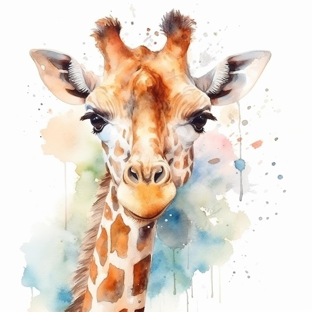 Dipinto ad acquerello di una giraffa con uno sfondo blu e la parola giraffa sul davanti.