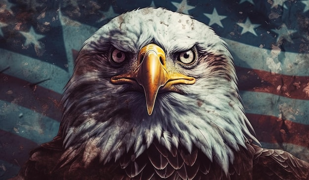 Dipinto ad acquerello un'aquila calva nordamericana arrabbiata sulla bandiera americana