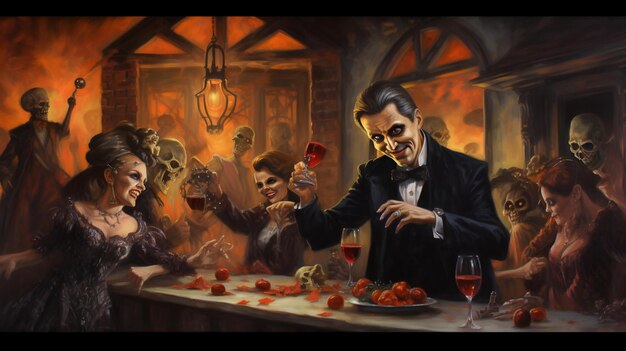 dipinto ad olio della festa di Halloween con fantasmi zombie vampiri