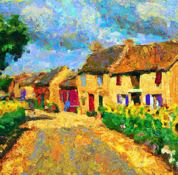 Dipinto ad olio di un villaggio in stile Vang Gogh