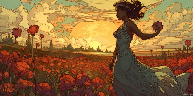 Dipinto ad olio di una bella giovane donna che cammina attraverso un campo di fiori in stile rococò