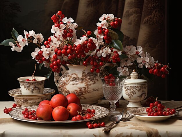 Dipinto ad olio raffigurante un tavolo con un servizio da tè in porcellana inglese e una composizione floreale bianca e rossa in stile vittoriano di fine '800